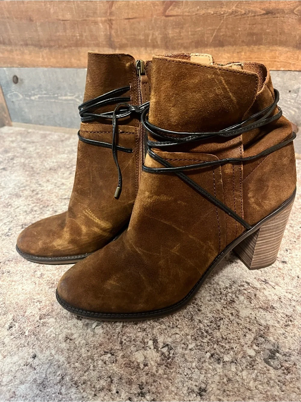 Franco Sarto Women’s Brown Suede Ankle Boots with Wrap Detail Size 9M